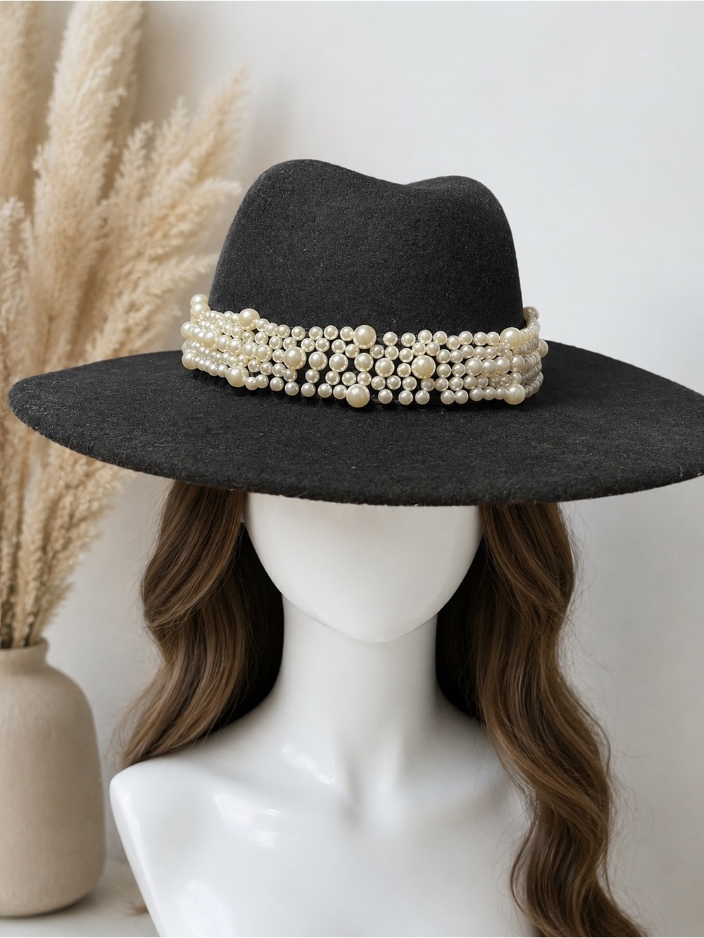 Elegant Black Fedora Hat with Pearl Band
